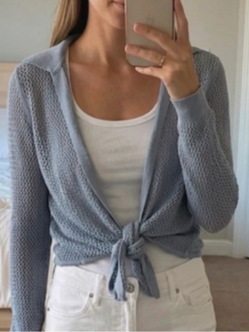 dh NEW YORK Light Blue Tie-Front Open Knit Cardigan